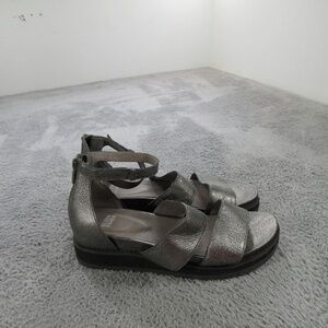 Eileen Fisher Sandals Shoes Womens Size 9.5 Silver Leather Strappy Ankle Wedge